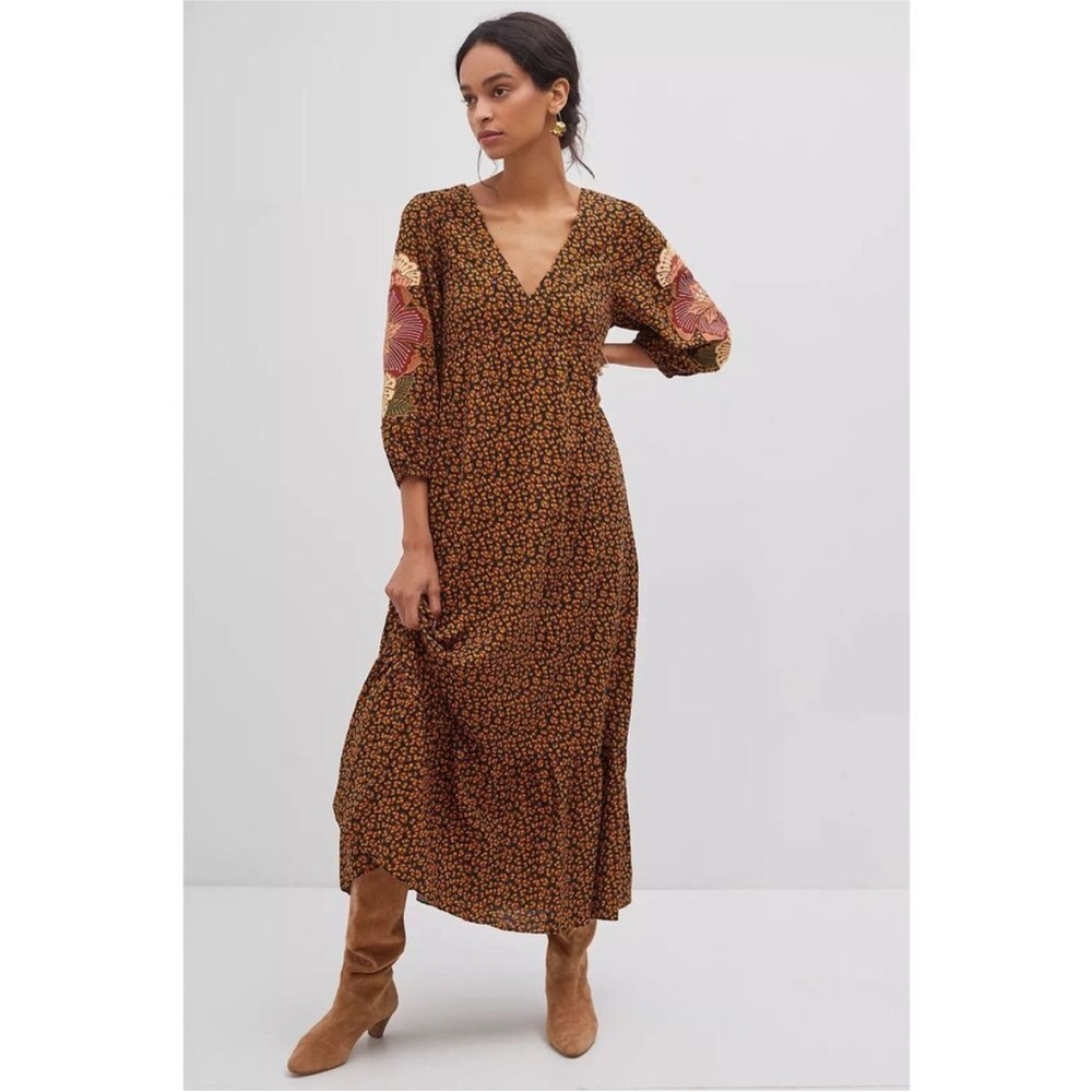 Brown Floral V-Neck Maxi Dress with Patchwork Sleeves